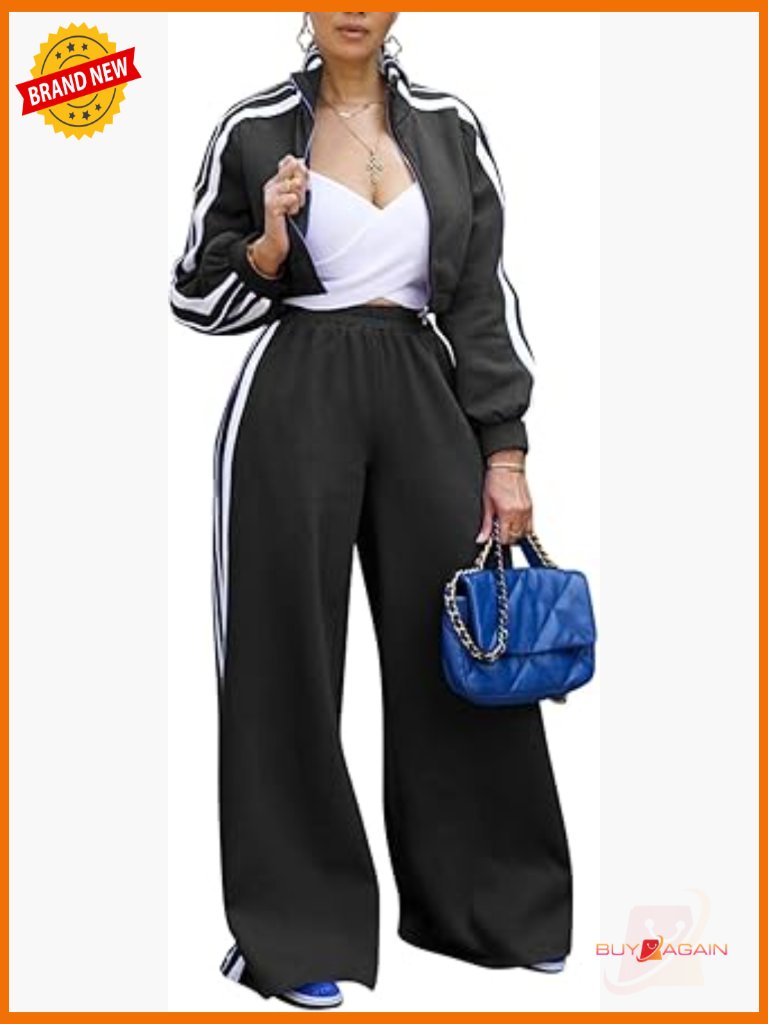 2 Piece Striped Tracksuit Cropped Jacket Wide Leg Pants Set S-2xl